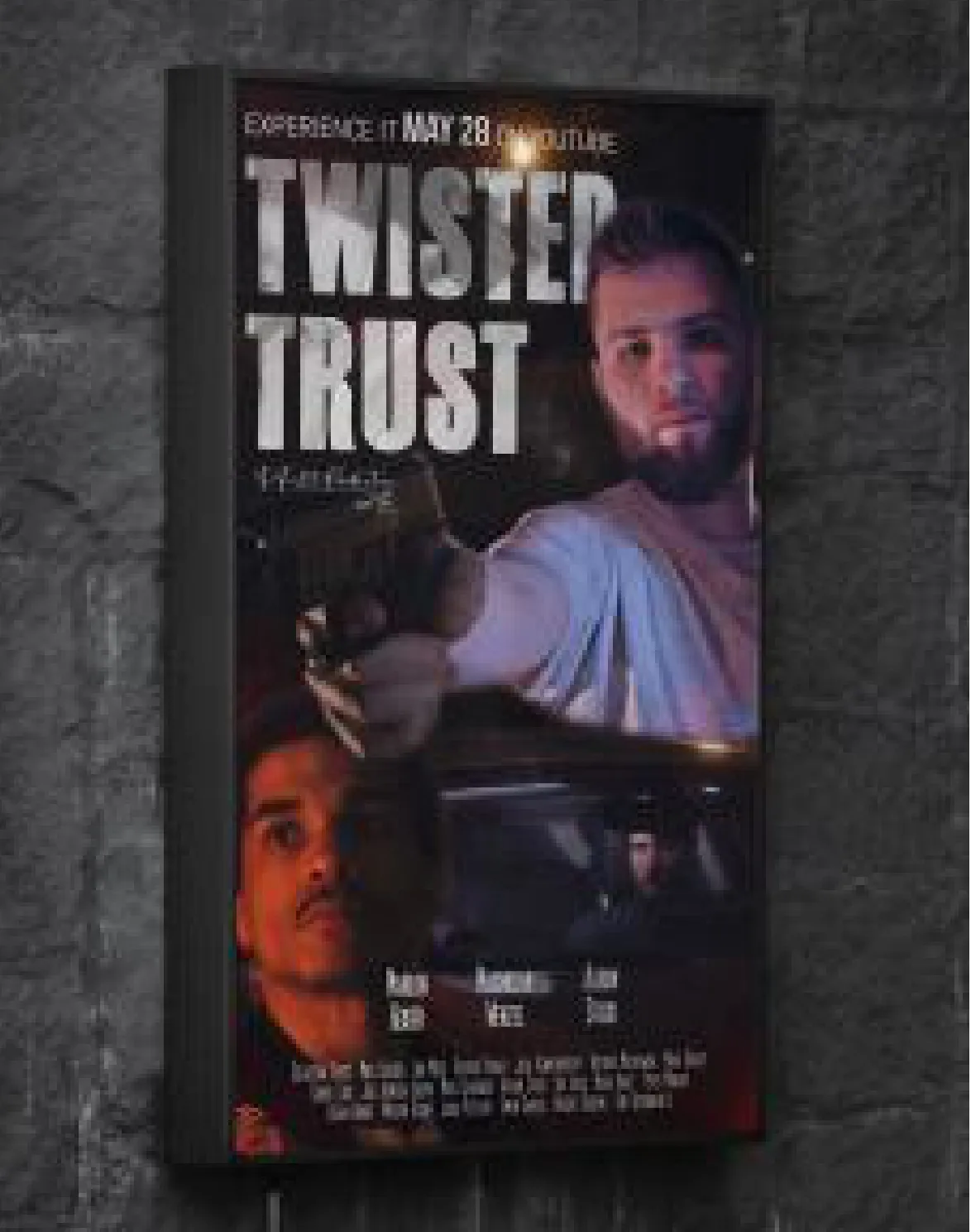 Filmposter „Twisted Trust“ an einer Steinwand