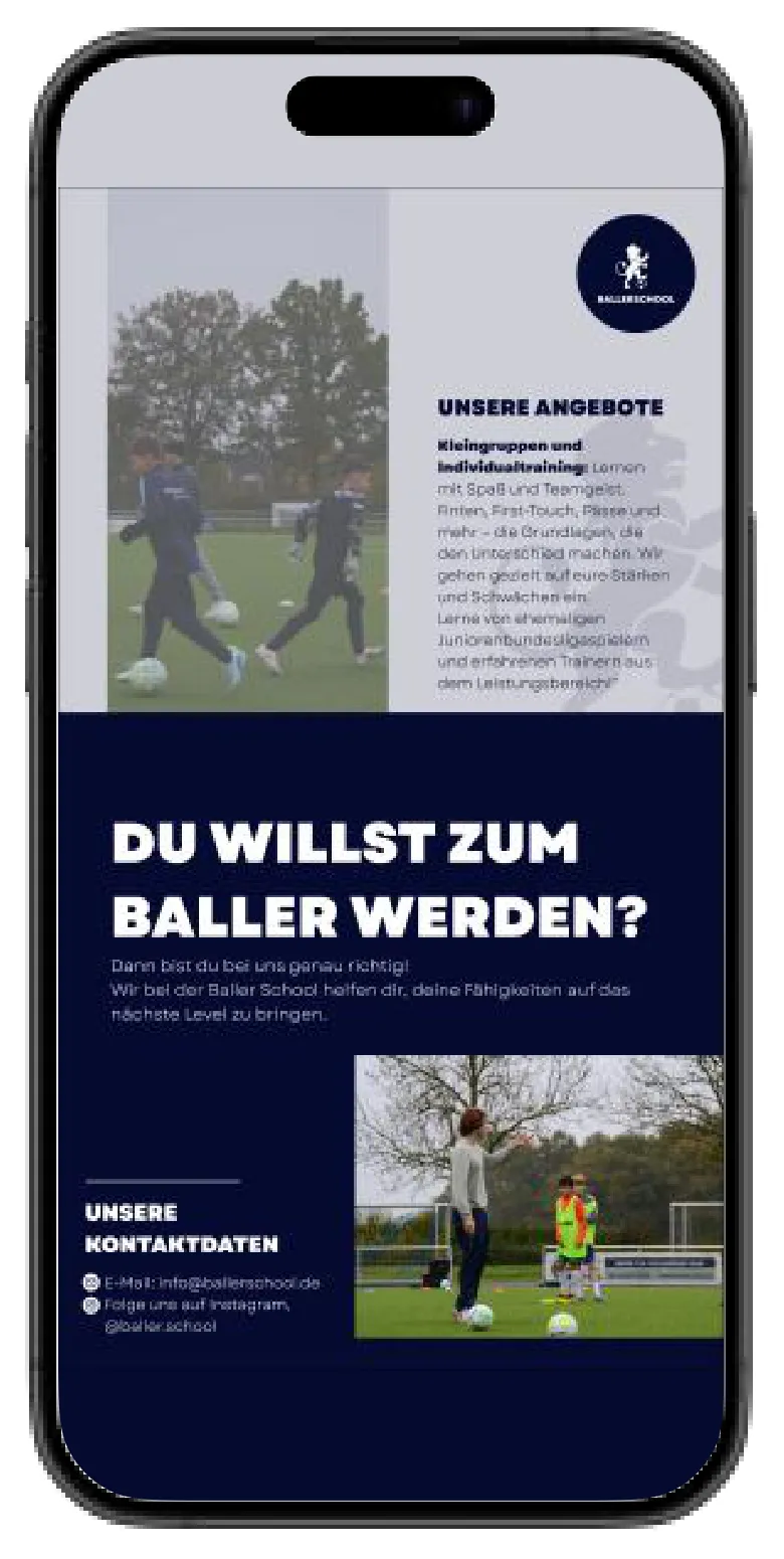 Baller School – mobile Website auf dem Smartphone