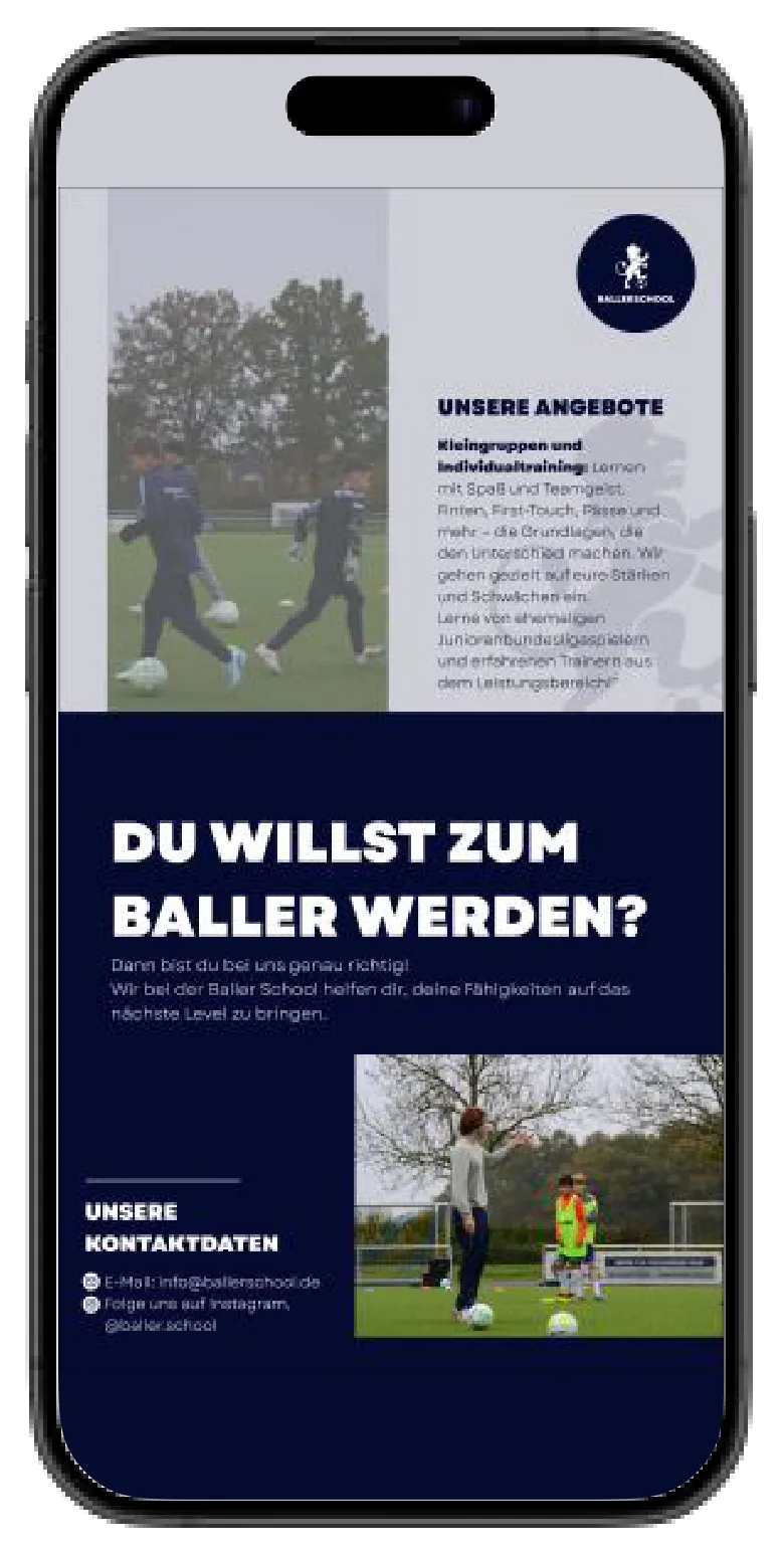 Baller School – mobile Website auf dem Smartphone